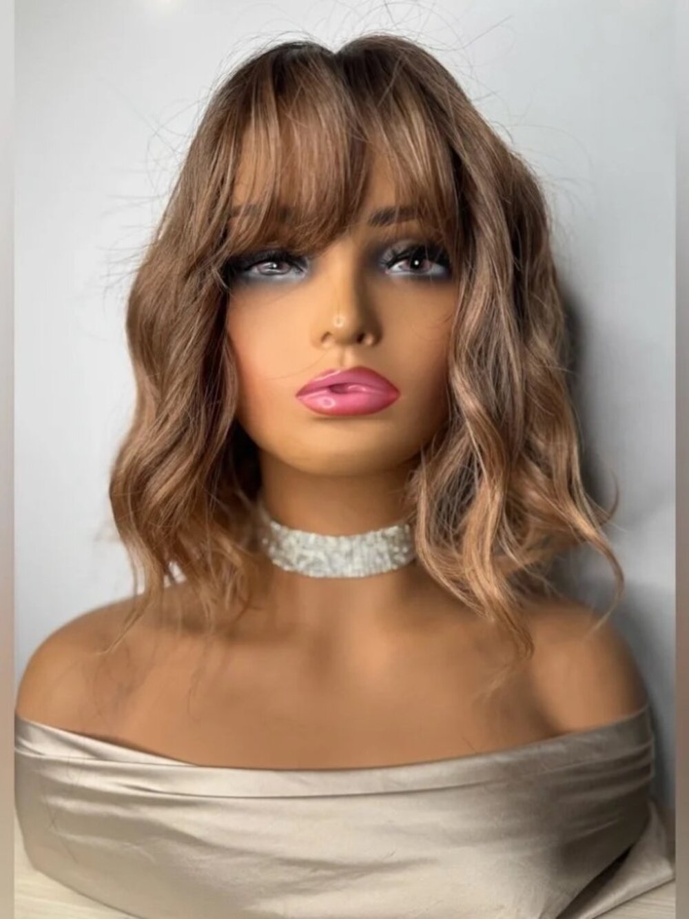 Mocha Brown Wavy Synthetic Wig with Bangs | Shoulder Length | Natural Part